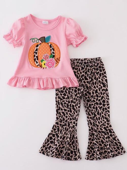 Girls Embroidered Pumpkin Pink Short Sleeve Leopard Pants Set