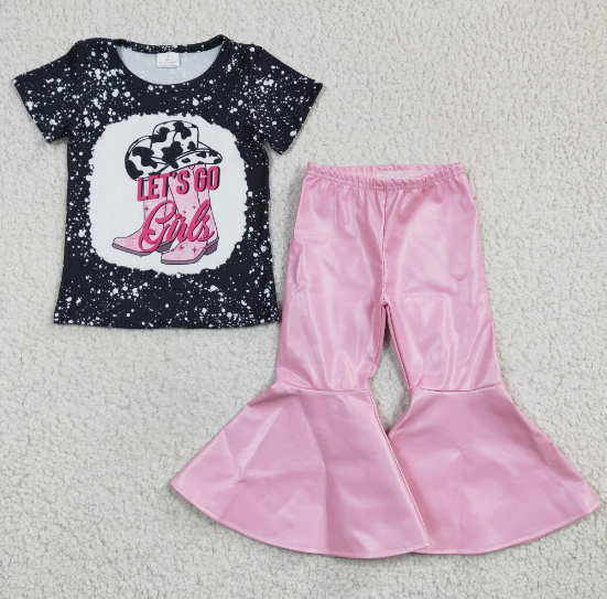 black t-shirt with pink leather pants outfits