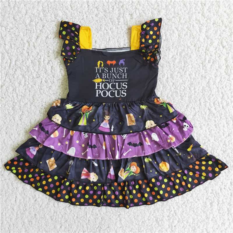 C3-23 baby girls Halloween dress over knee print clothes flying sleeve