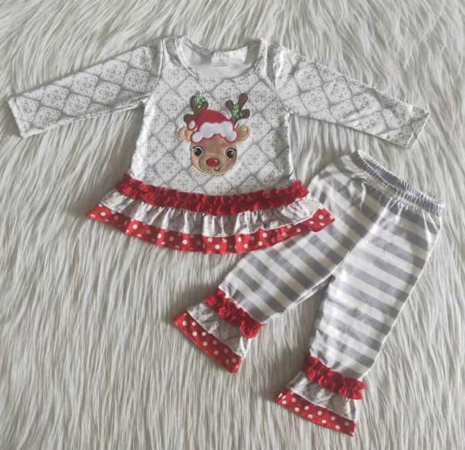 6 A13-27 Christmas Embroidered Deer Head Grey and White Striped Red Lace Pants Boutique Set
