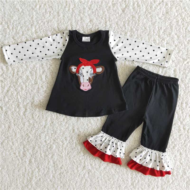 Embroidery Black Long Sleeve Polka Dot Suit