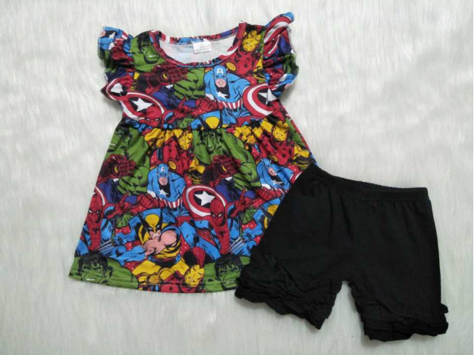 Girls Fulian Small Flying Sleeve Black Shorts Suit