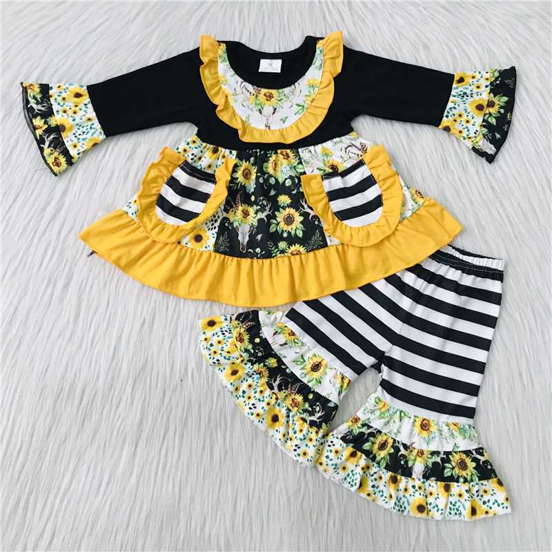 6 A27-26 2 pcs black yellow dress top with pants girl set