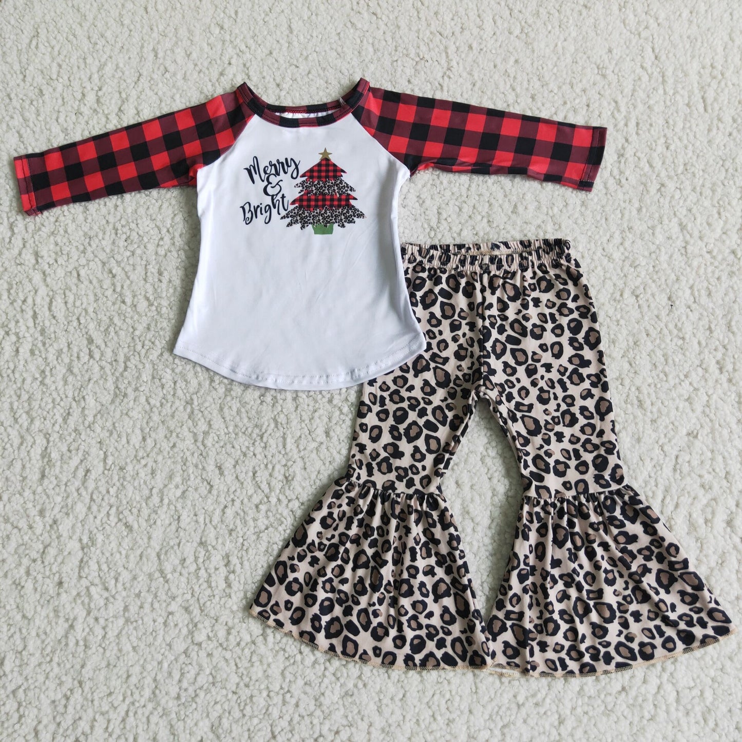 6A25-13 kids clothing Girls Christmas Long Sleeve Top with Leopard pants Santa Claus