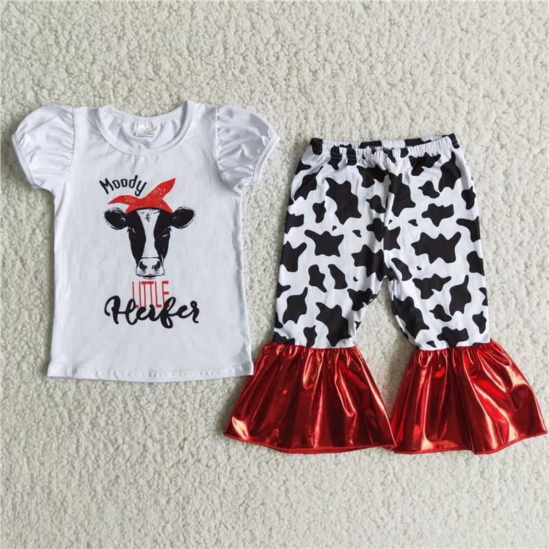 B13-1 Girls Cow Print Short Sleeve Pant Set Milk Silk