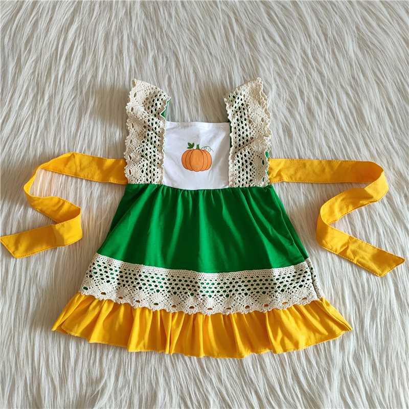 RTS NO MOQ C9-10 Pumpkin Lace Strap Yellow-Green Dress