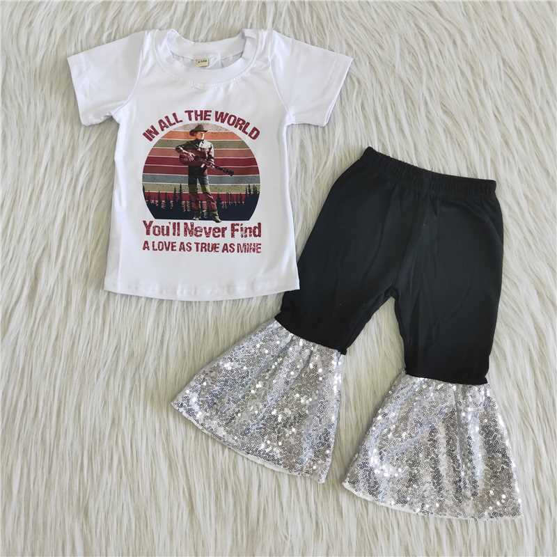 Guitar Boys White Short Sleeve Black Sequin Flare Pants