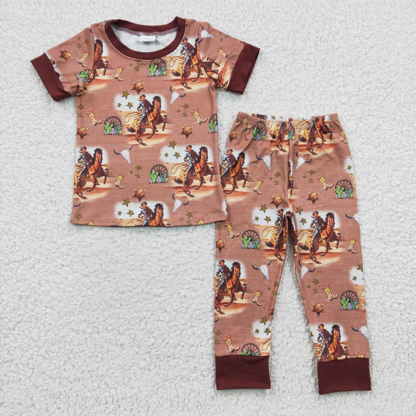 RTS NO MOQ(In Stock)BSPO0061 Boys Riding Cactus Brown Short Sleeve Pants Set