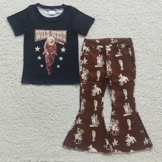Girls short sleeve long jeans pants ride hourse