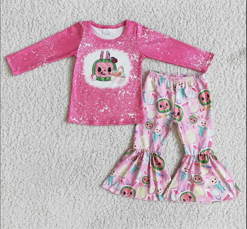 6 A15-19 Baby cartoon print long sleeve long pants girls outfit milk silk