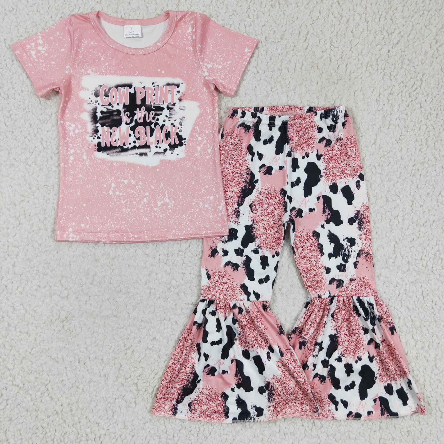 RTS NO MOQ(In Stock ) GSPO0223 Kids Clothing Girls Short Sleeve Top And Long Pants Cow Pattern