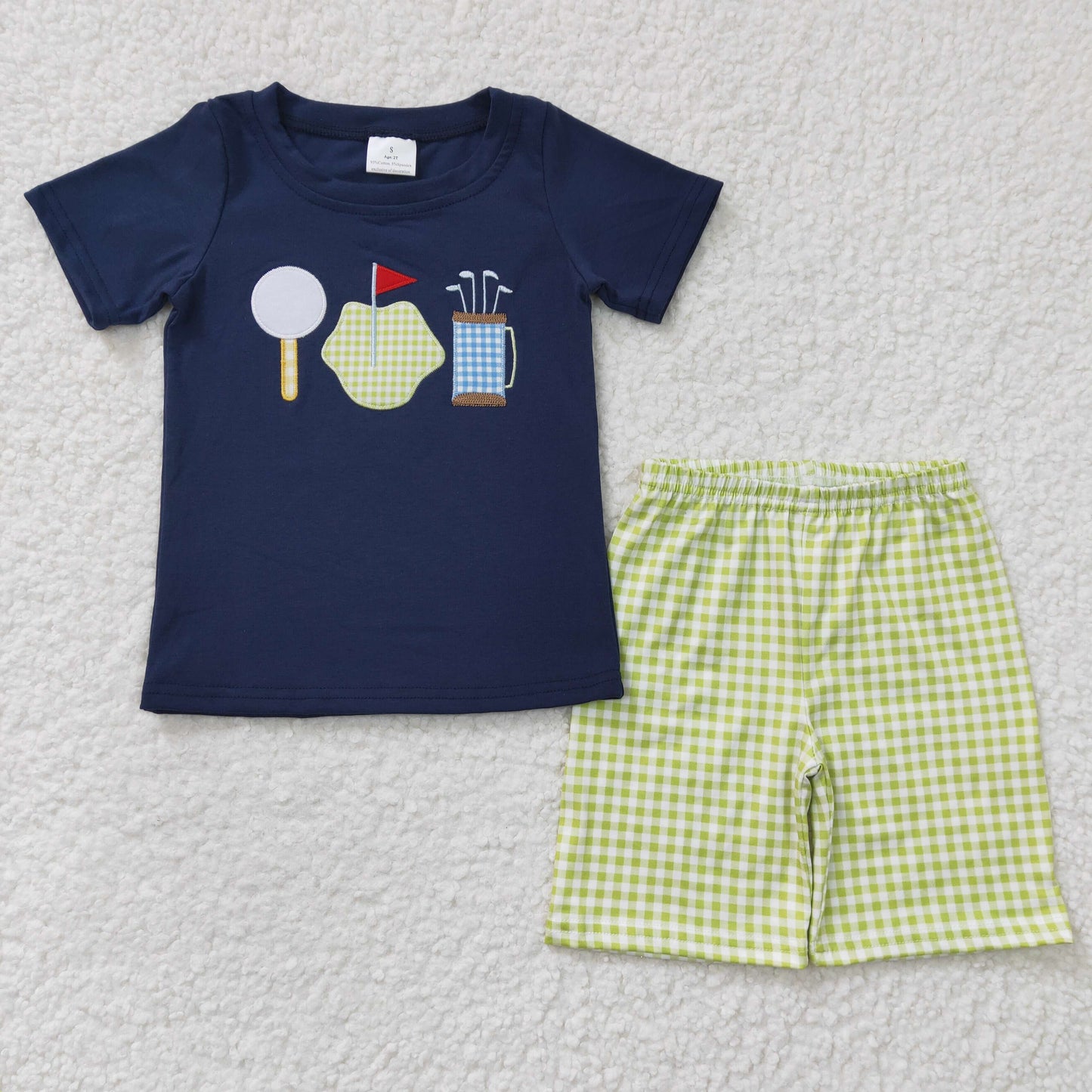 BSSO0135 Boys Embroidered Golf Blue Short Sleeve Green Check Shorts Set