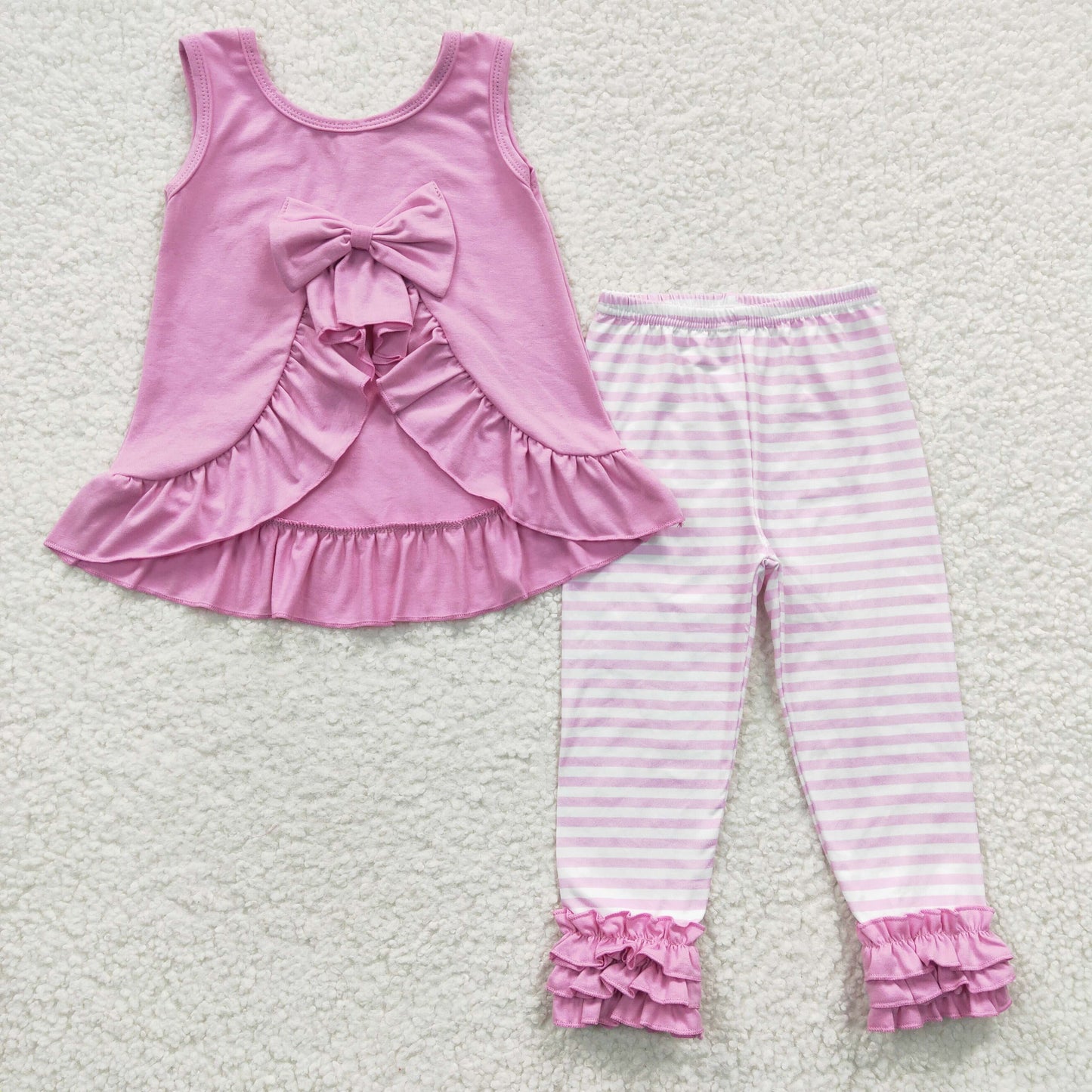 GSPO0507 Girls Pink Lace Striped Vest Trousers Set