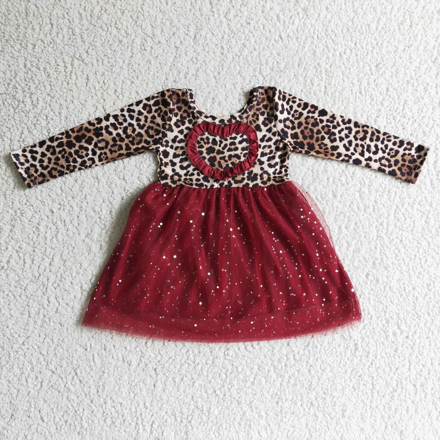 RTS NO MOQ ETA 5/7days Arrived GLD0139 Girls Heart Leopard Print Mesh Long Sleeve Dress