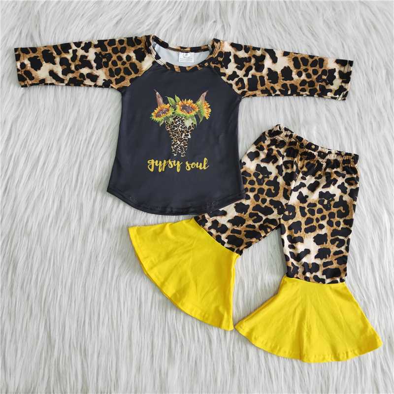 shirt top with bell bottompants sunflowers Leopard pattern girl set