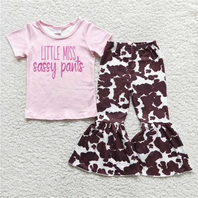 Pink Lettering Short Sleeve Cow Flare Pants