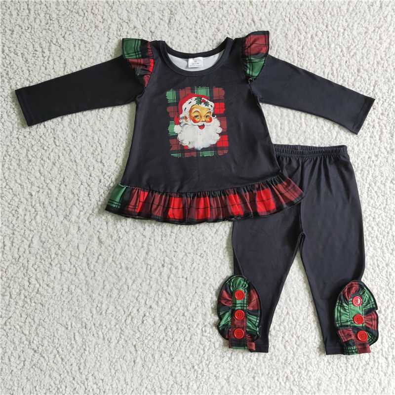 RTS NO MOQ(In Stock)GLP0259 girls christmas outfit long sleeve and long pants santa claus print
