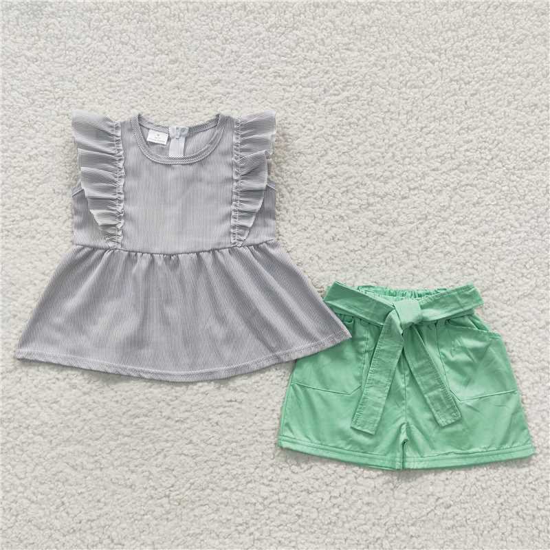 A9-22 Woven Stripe Sleeveless Top Green Belt Shorts