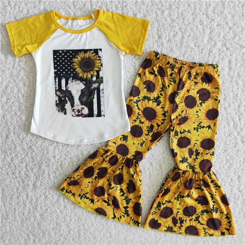 yellow Short Sleeve and pants sunflower girl's outfit