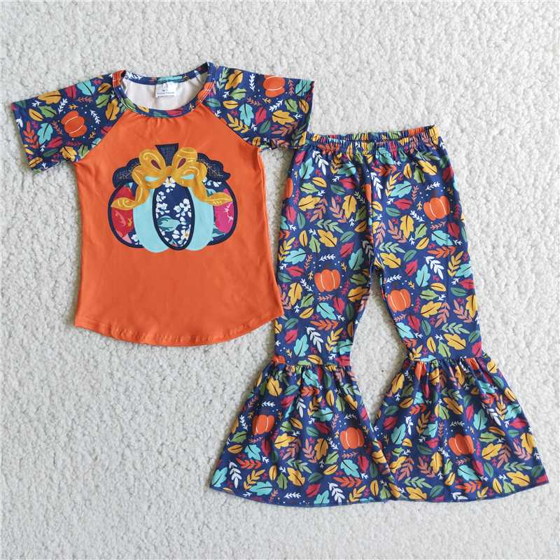 RTS NO MOQ(In Stock) E1-3 Orange Pumpkin Top Pumpkin Leaf Flare Pants Outfit