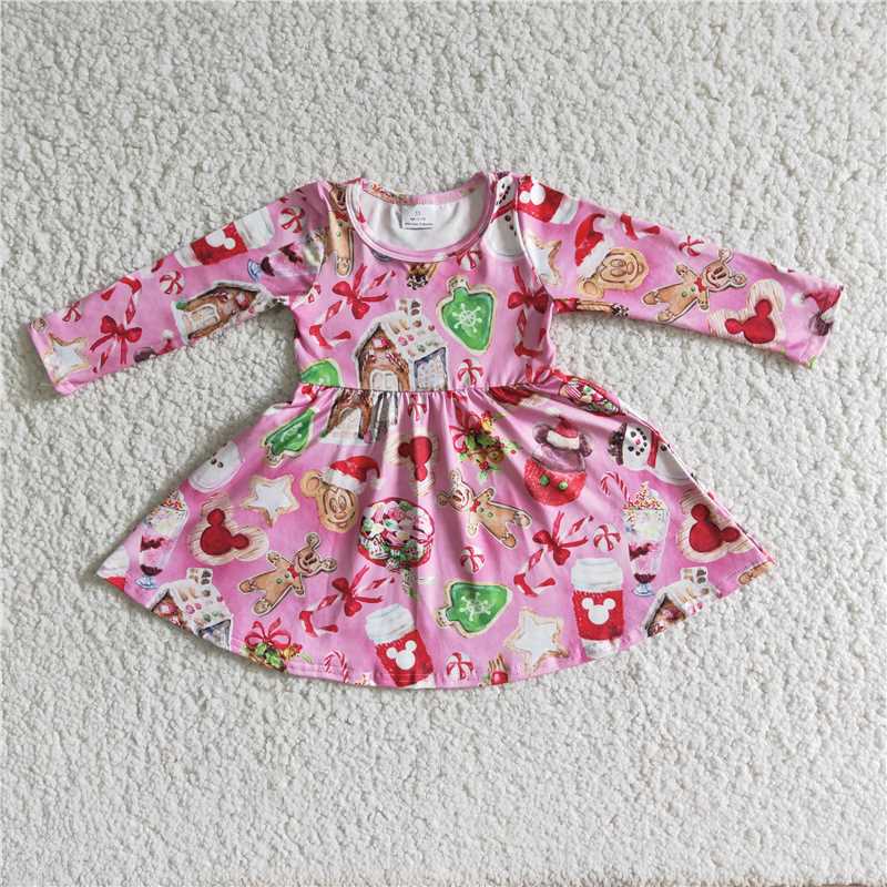 6B1-3girls dress fall winter baby clothing over knee christmas long sleeve santa claus print