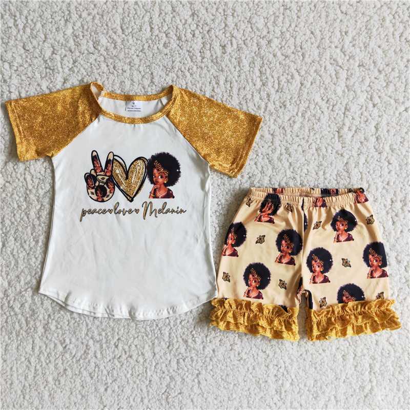 peace love women golden short pants set