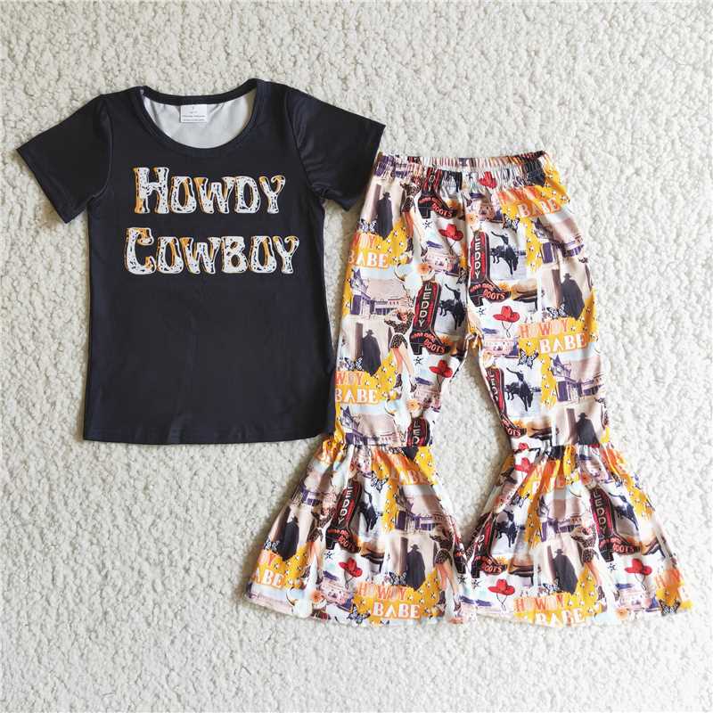 Black cow boy short sleeve top and flared pants set
