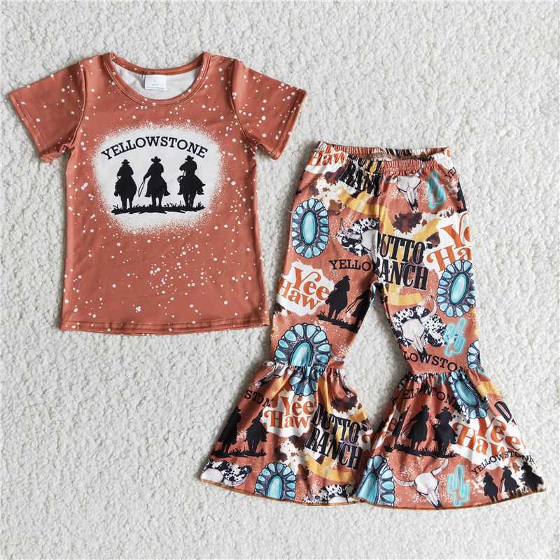 yellow stone brown short-sleeved flared pants suit