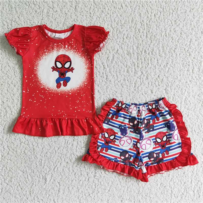 rts no moq GSSO0124 Girls Spiderman Clothing Short Sleeve Top with Short Pants Spring and Fall