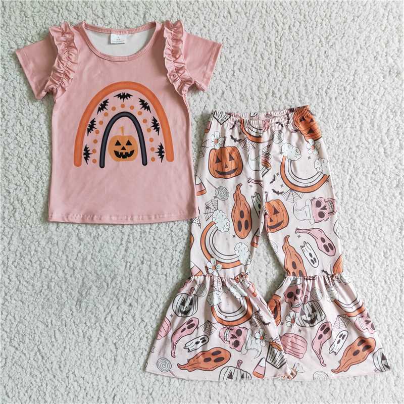 GSPO0098 girls Halloween outfit short sleeve and long pants pumpkin print