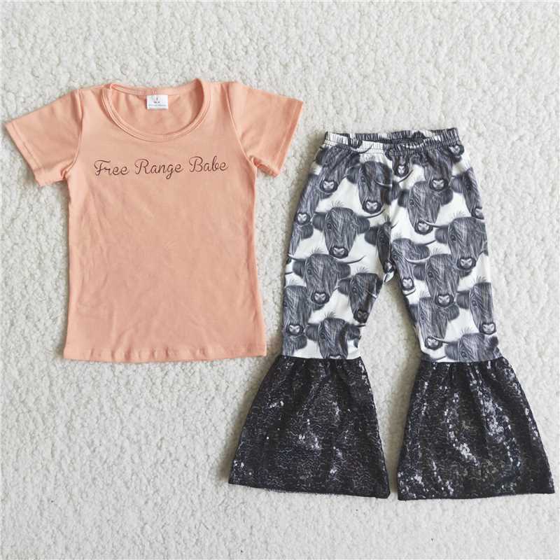Letter Short Sleeve Bull Head Flared Pants