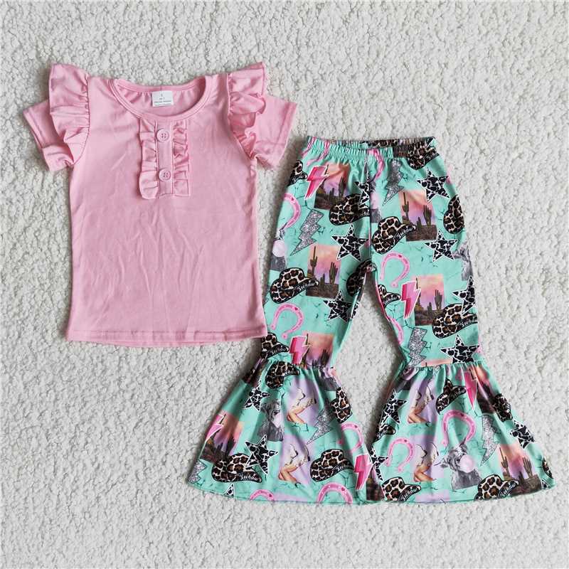 Pink Short Sleeve Leopard Hat Lightning Flare Pants Set