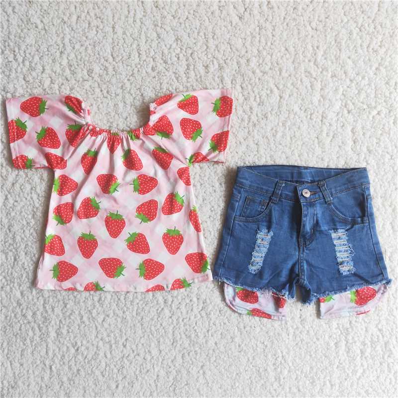 strawberry pattern top denim short pants set