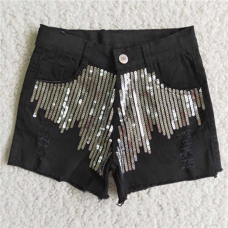 black sequin blue Denim Shorts