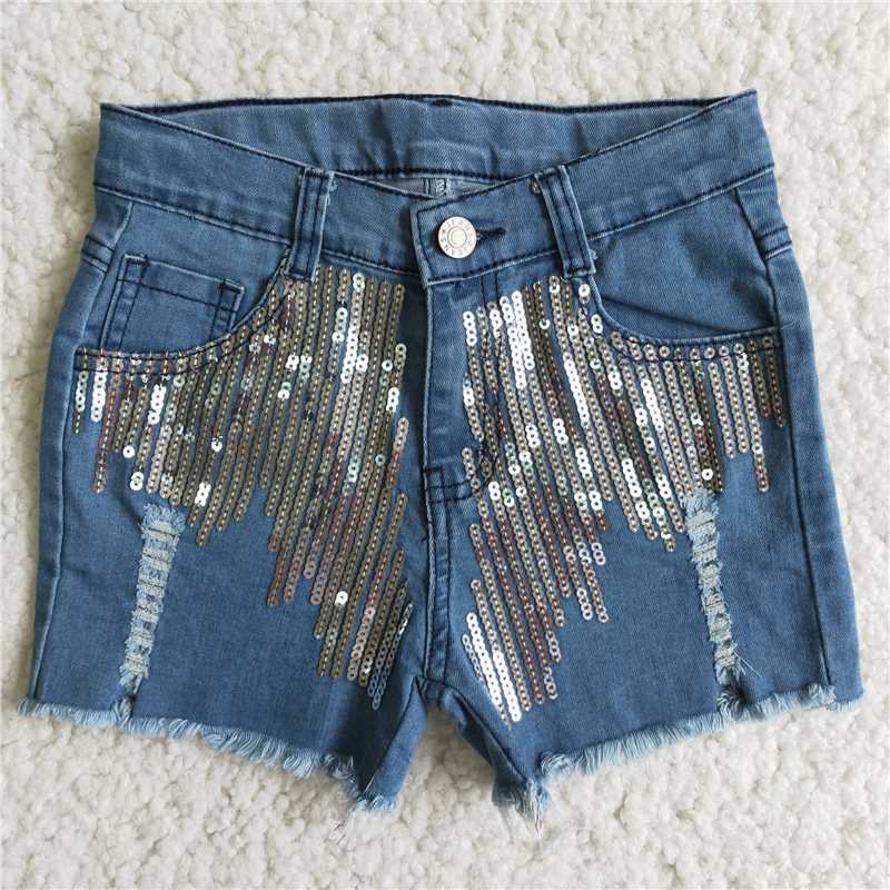 white sequin blue Denim Shorts