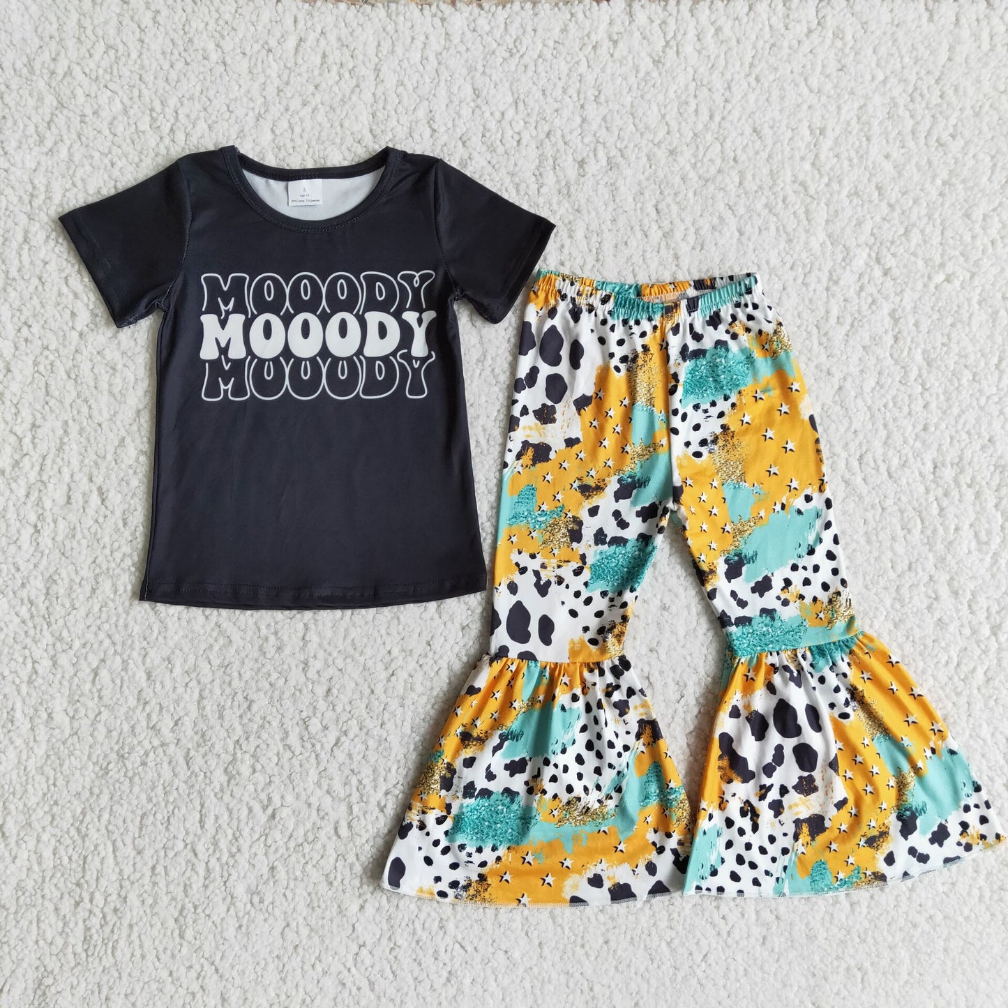 MOOODY Black Short Sleeve Cow Print Flared Pants
