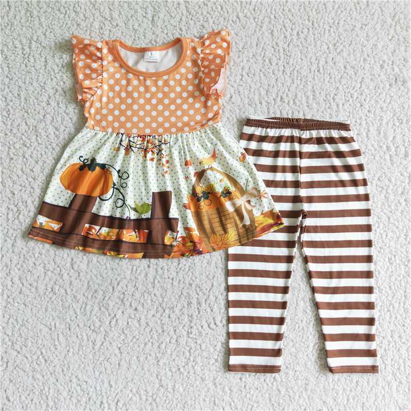GSPO0173 girls flying sleeve long pants outfit pumpkin print halloween holiday