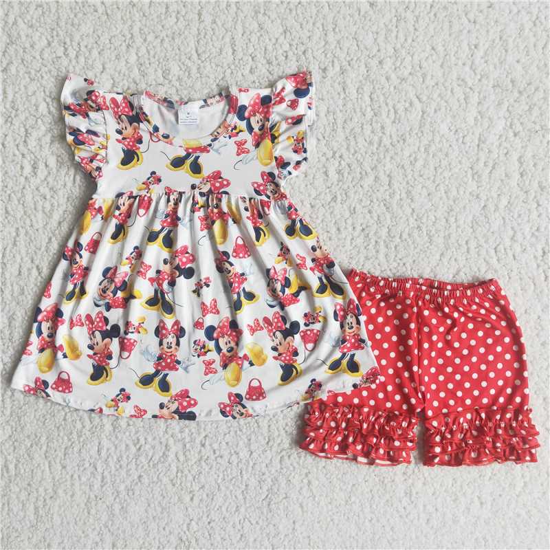 Cute Clothes C0-15 Baby Girls Flutter Sleeve Top Polka Dot Red Pants