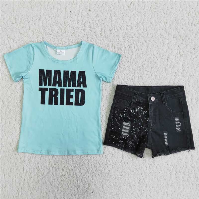 mama tried letter print denim short pants set