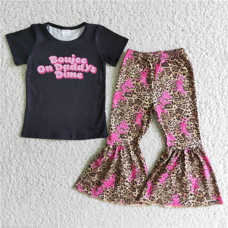 Alphabet Black Short Sleeve Top Leopard Print Flared Pants Set