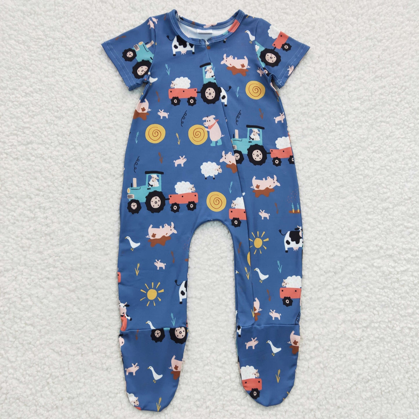 RTS NO MOQ SR0195 Cow Car Sun Blue Short Sleeve Bodysuit