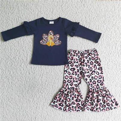 GLP0061 Girls Thanksgiving Embroidered Leopard Turkey Long Sleeve Trousers outfits