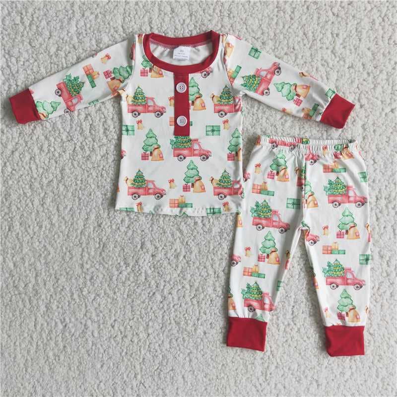 6 A15-20 2pcs Christmas car long sleeve match boy's pjs outfits