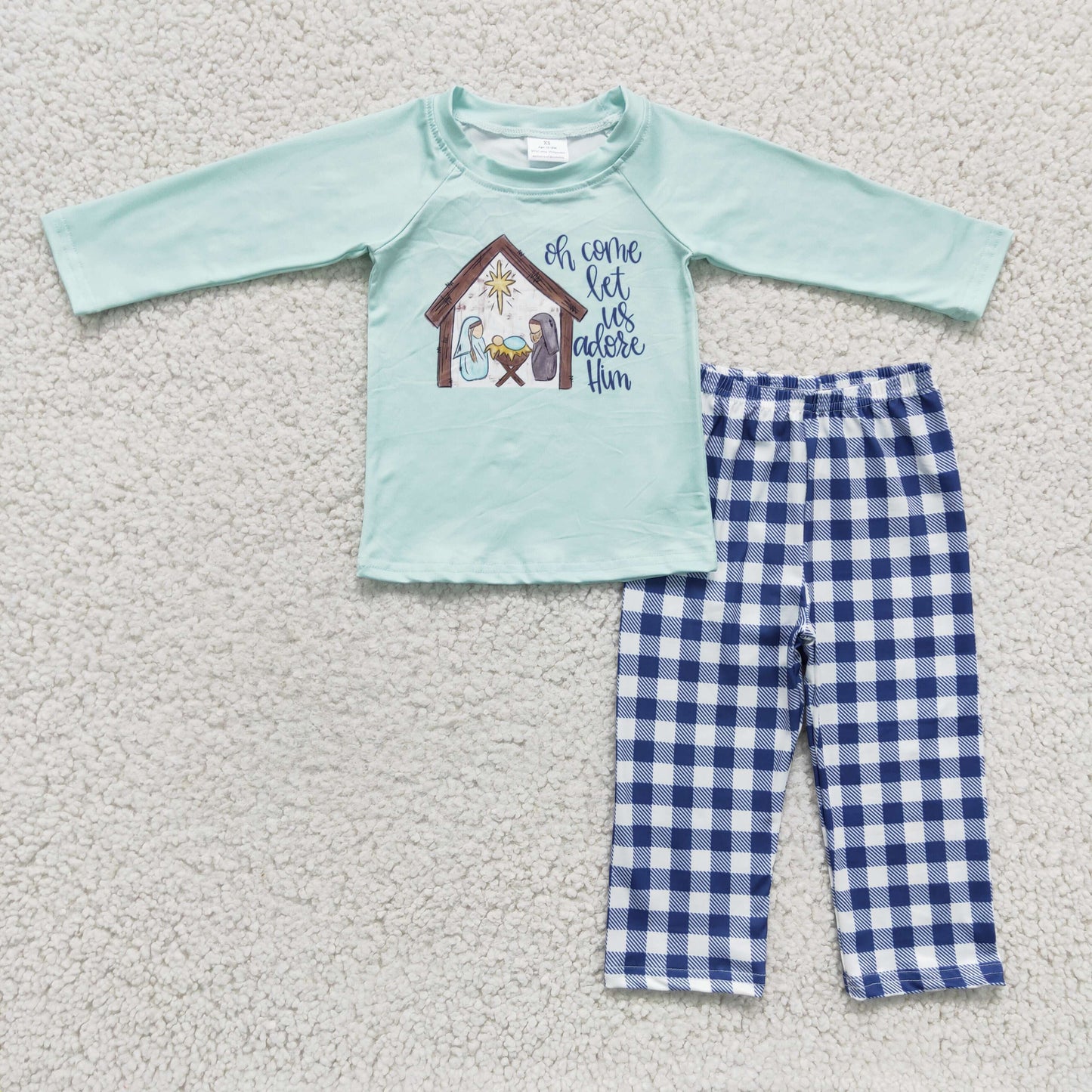6 A4-1 Kids Clothing Boys Light Blue Long Sleeve Top Checked Long Pants Outfit