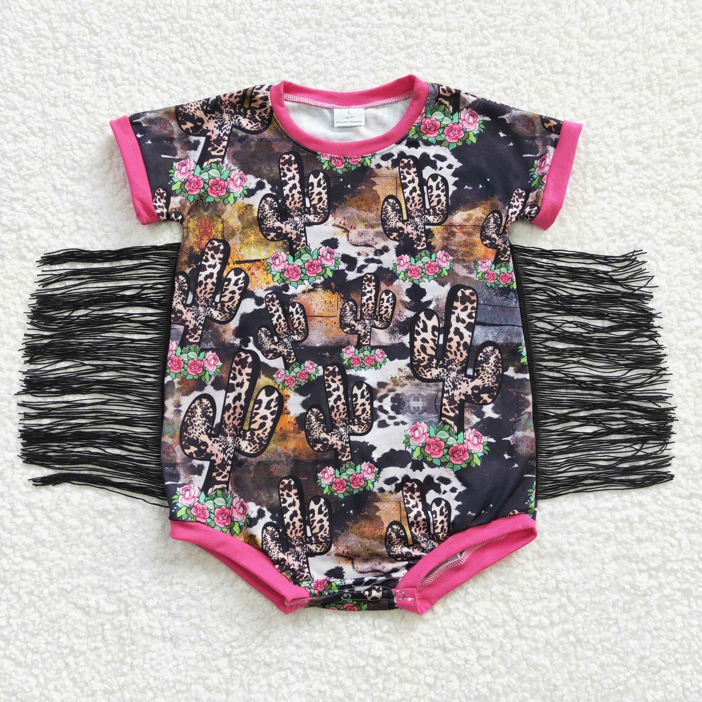 RTS NO MOQ SR0108 Leopard Cactus Fringed Short Sleeve Bodysuit