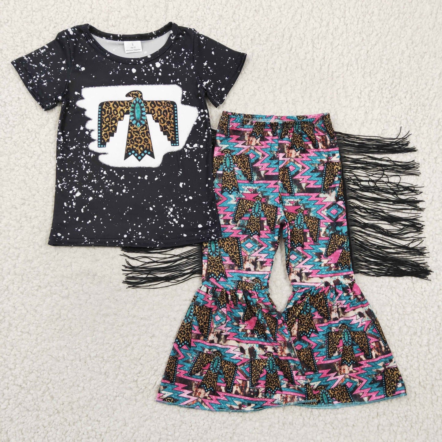 RTS NO MOQ(In Stock) GSPO0209 Girls Leopard Gem Eagle Black Short Sleeve Tassel Pant Set