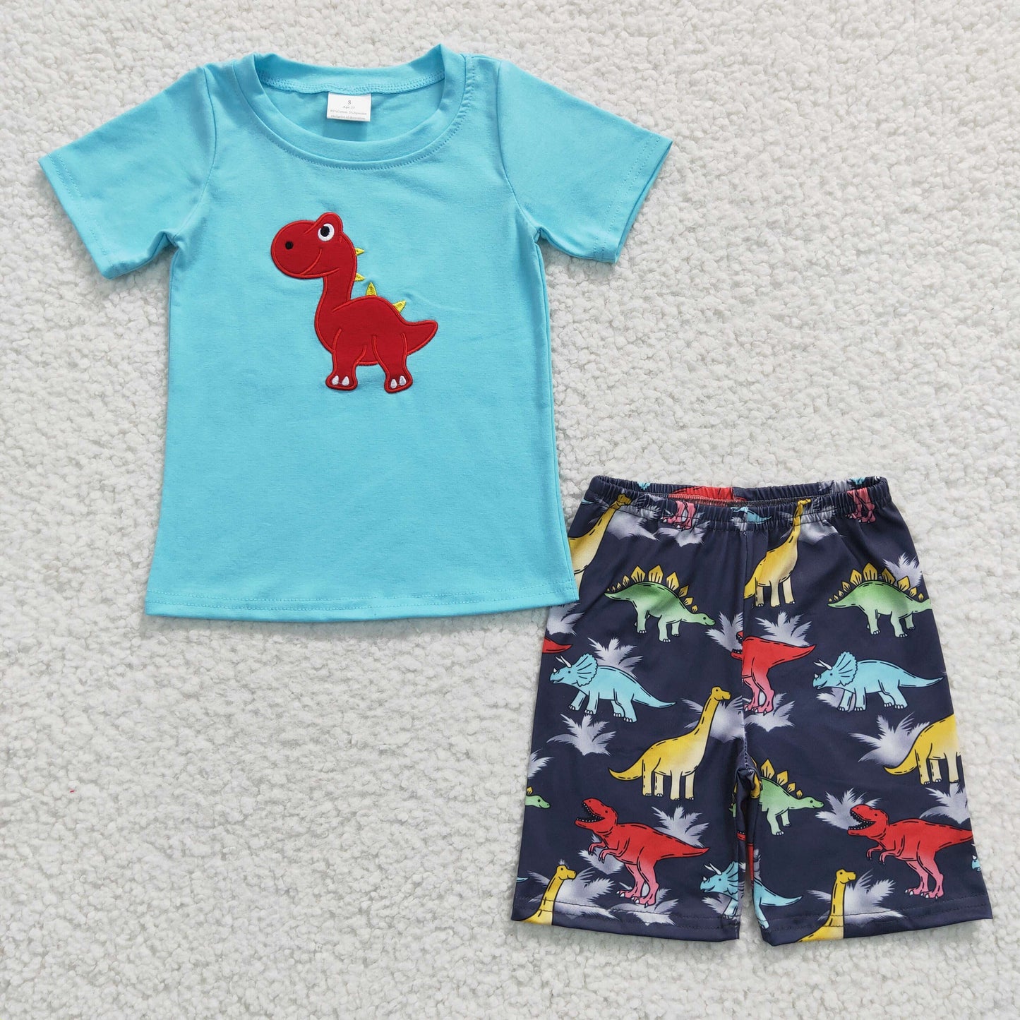 RTS NO MOQ(In Stock)BSSO0184 Boys Embroidered Colorful Dinosaur Blue Short Sleeve Shorts Set