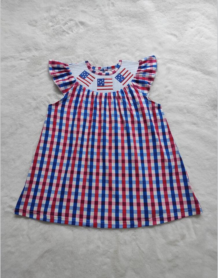 smocked embroidered National Day checkerboard short-sleeved dress