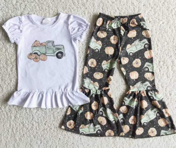 Girls halloween outfit short sleeve long pants set pumpkin print