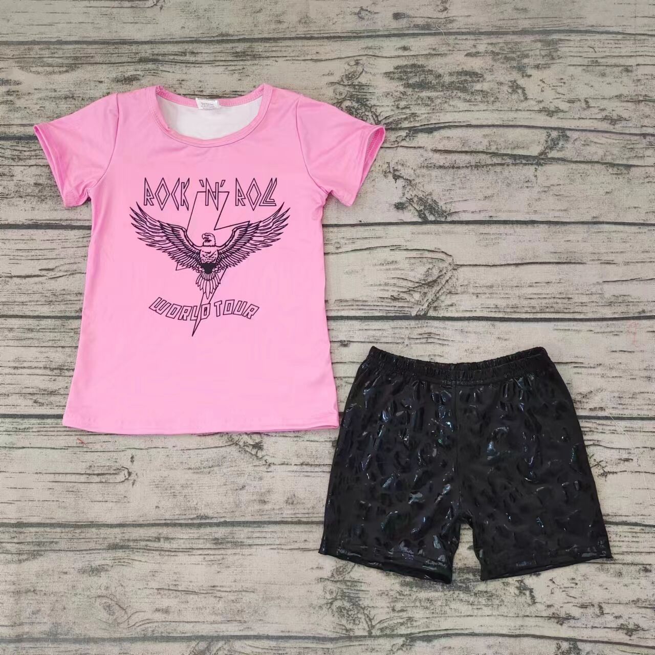 WORLD Eagle Pink Short Sleeve Black Shorts Set